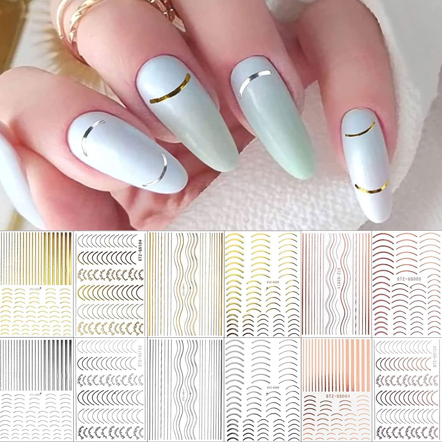 Amazon | LANODO 12枚 ネイルシール 極細ライン、フレンチシール